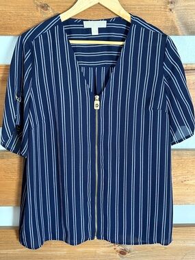 Michael Kors Navy & White Vertical-Striped Zip Front Blouse Gold Accents Size L